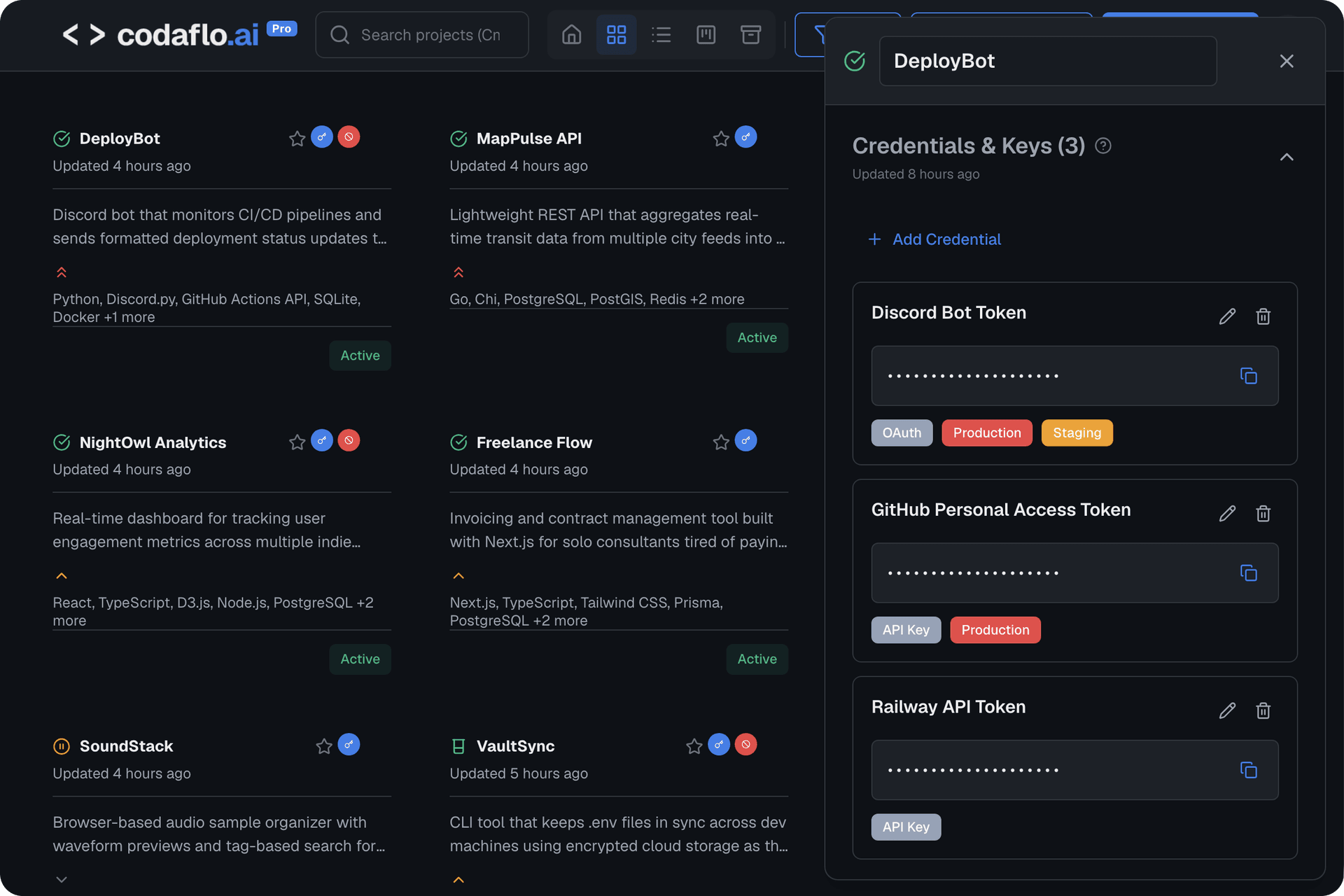 Credential vault with encrypted API keys and service account tracking