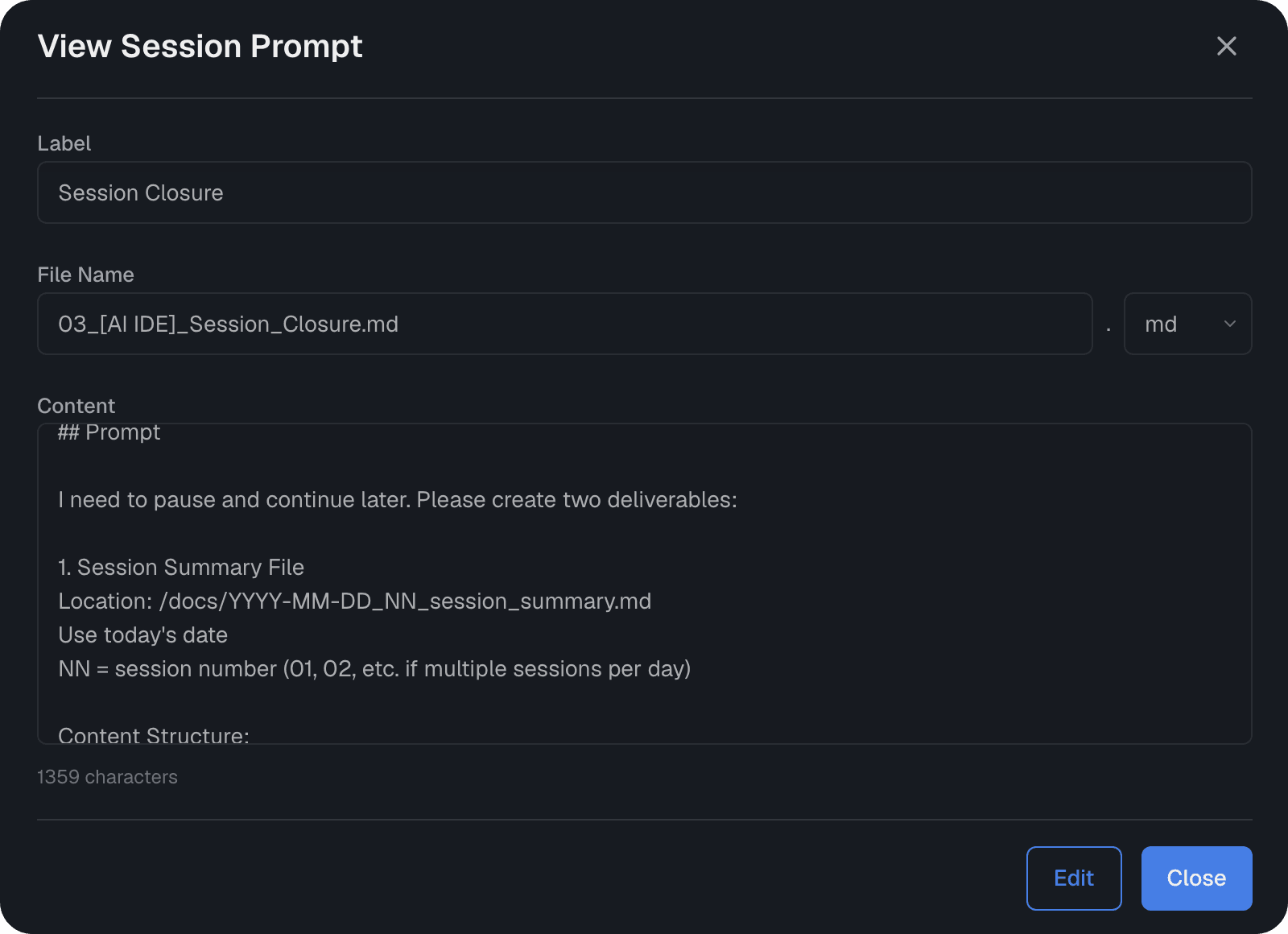 Session continuity showing closure summaries, continuation prompts, and session history