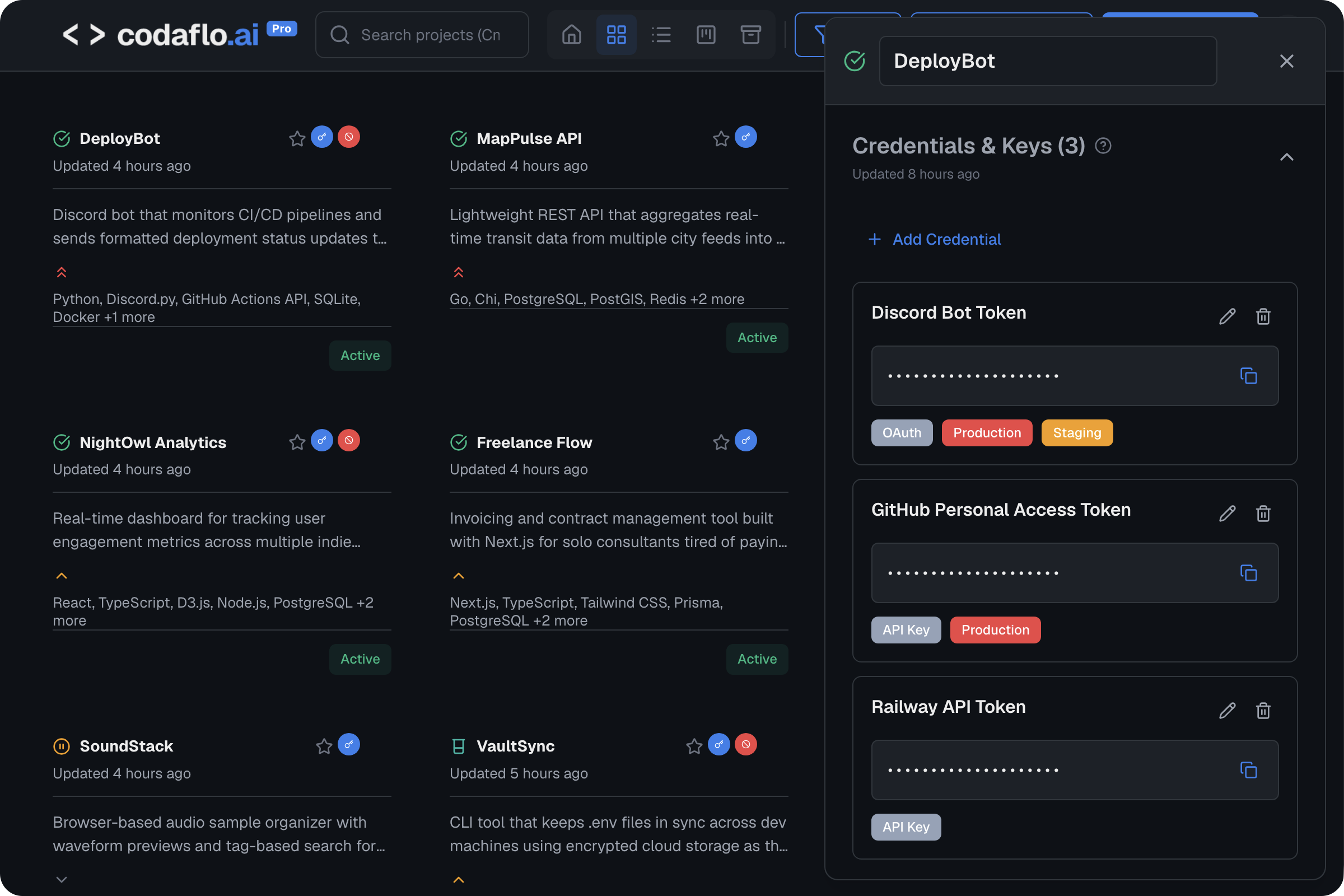 codaflo.ai credential vault demo showing secure storage and instant retrieval of API keys and passwords